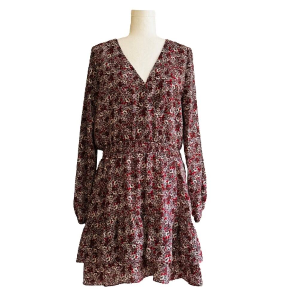 Nine Britton Dress Annika Red Burgundy Floral V-Neck Long Sleeve Tiered Large